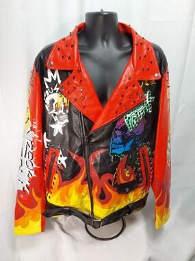 Rebel 2XL Black Biker Jacket With Skulls, Flames And Studs